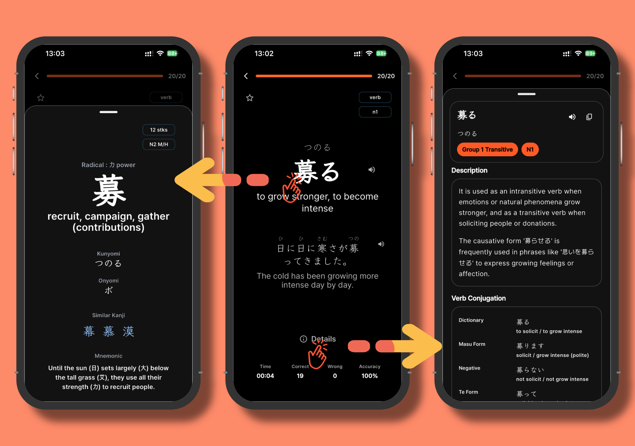 An image showing Japanese vocabulary flashcards, kanji information, and word details in dark mode in the Manana Japanese app