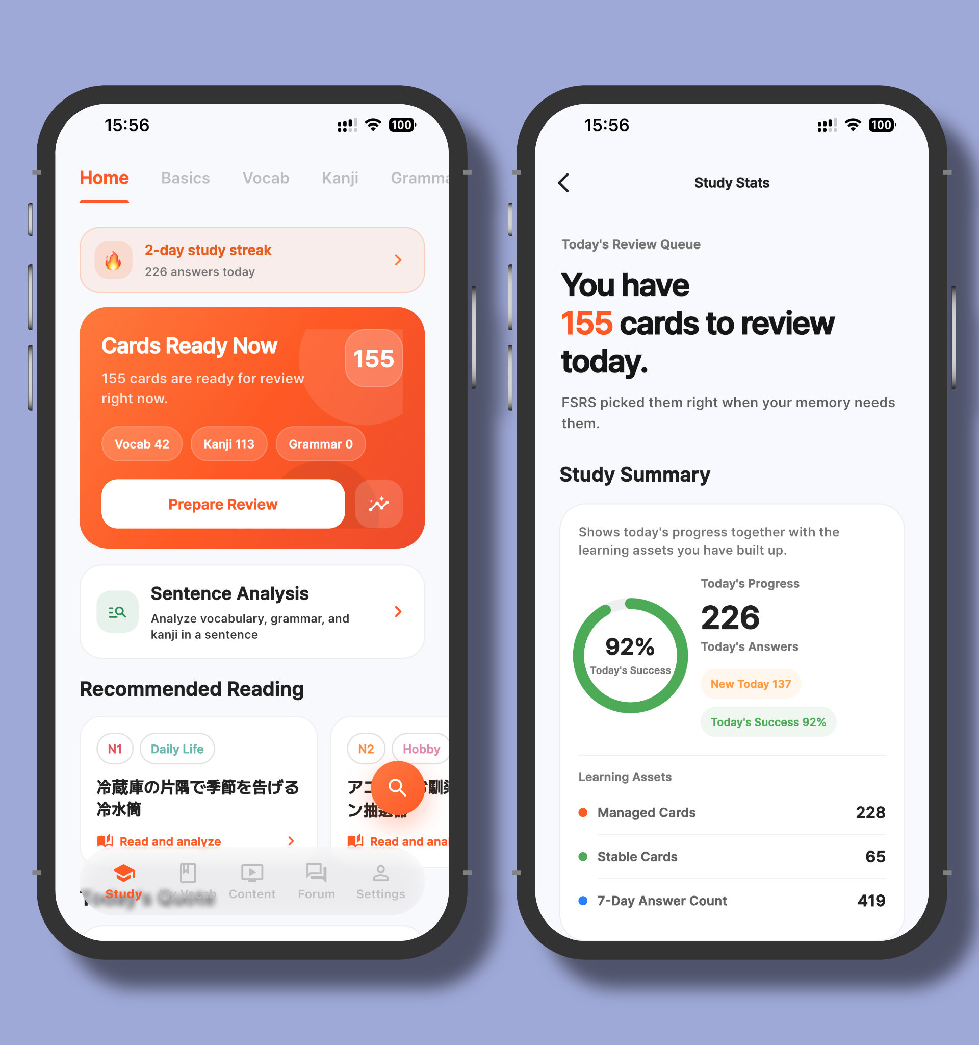A screen in the Manana Japanese app where vocabulary, kanji, and grammar cards from the review queue are reviewed using FSRS