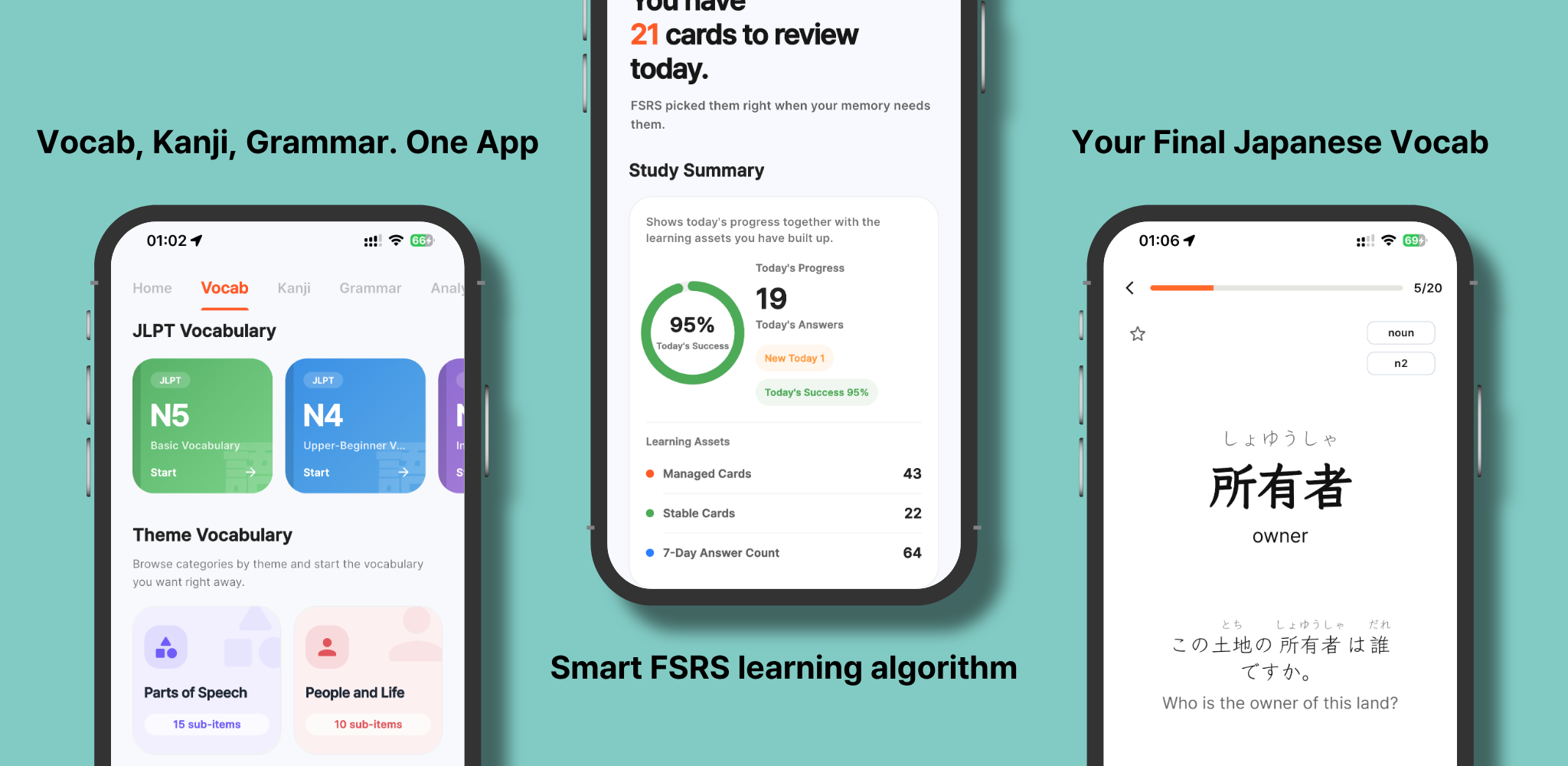 An image showing the Manana Japanese app with JLPT vocabulary study, FSRS review statistics, and a Japanese word card screen